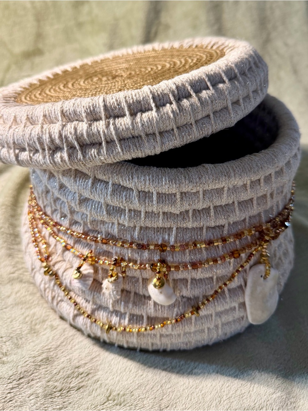 Handmade Art Coiled Basket  with Lid and embellishments of beading and shells - Picture 12 of 15